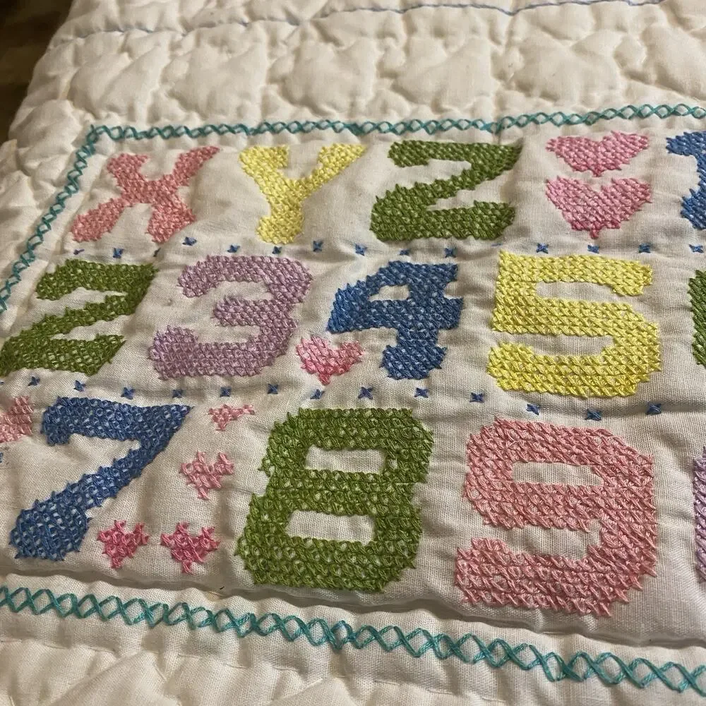 Vintage 1970s Crib Baby Coverlet Embroidery Needlepoint Novelty Quilted Blanket